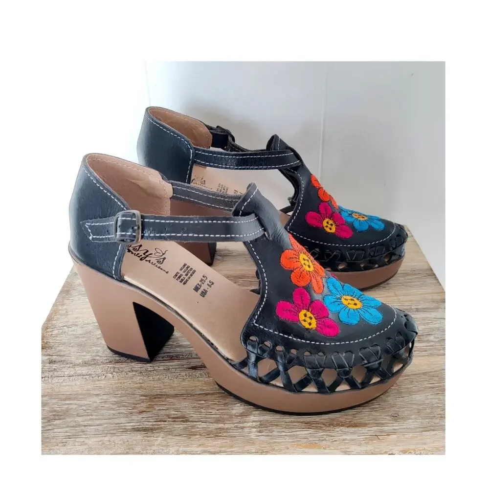 Mexican Heeled Black Sandals Huarache Genuine‎ Leather Floral Embroidered 8.5 M - Picture 2 of 9